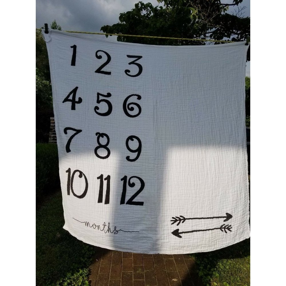Baby Monthly Photo Prop 4 1/2 X 4 1/2 Foot bright White Cotton Black Numbers
